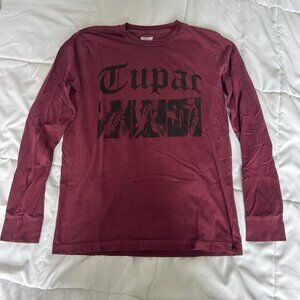 Womens Small S Maroon Purple Black Long Sleeve Tupac 2Pac Crew Neck Graphic
